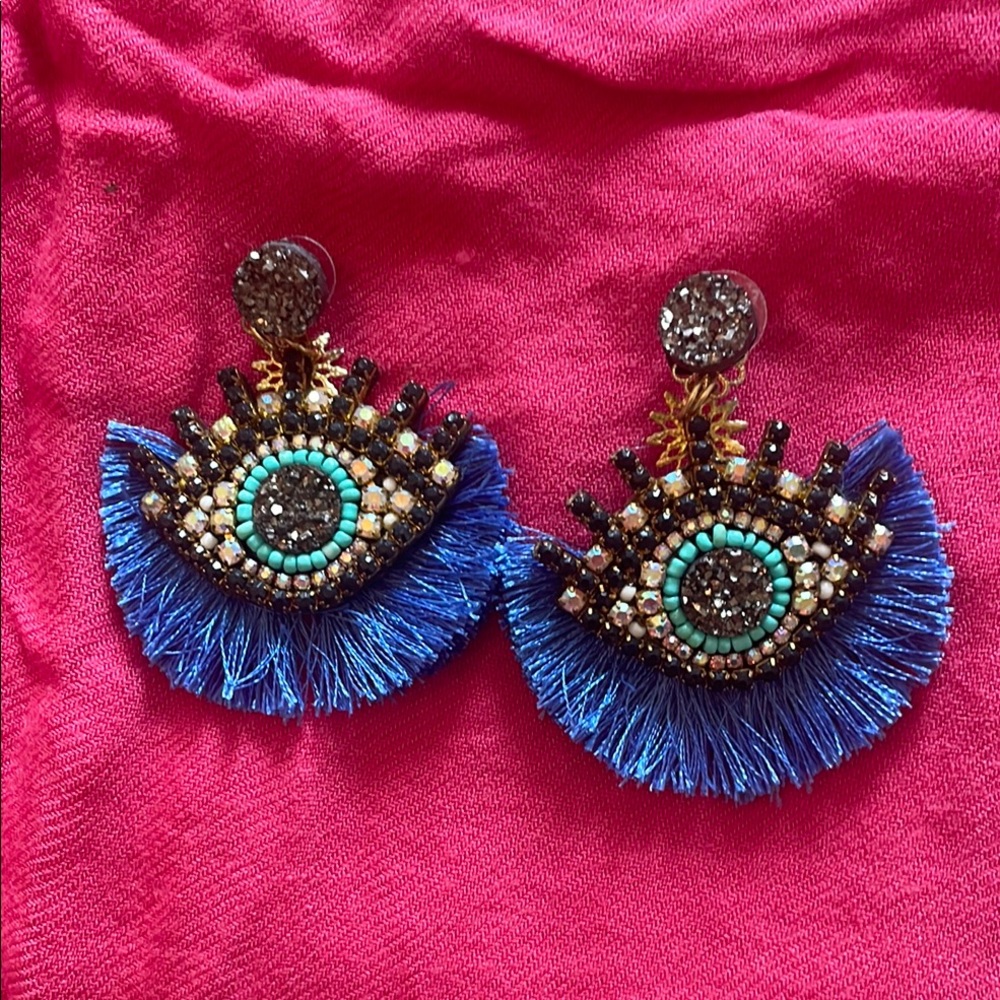 Evil Eye Tassel Blue and Gold Beaded Eye Earrings